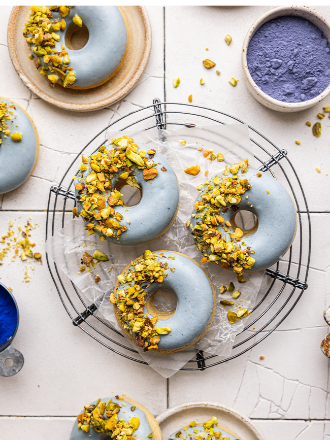 Gluten-free Baked Donuts with Salted Pistachio White Chocolate Glaze