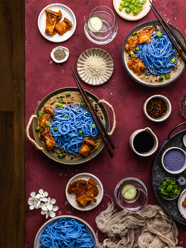 Peanut Curry with Butterfly Pea Noodles